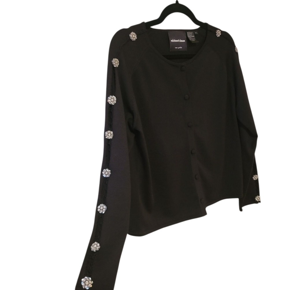Michael Simon Silk Black Button Cardigan Sweater Embellished Rhinestone Medium